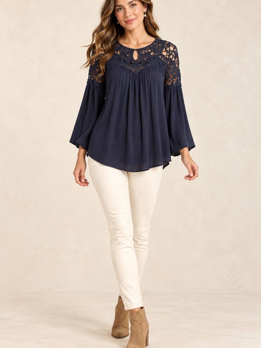 Altar’d State Navy Crochet Lace Tunic Top M Boho Romantic Cottagecore